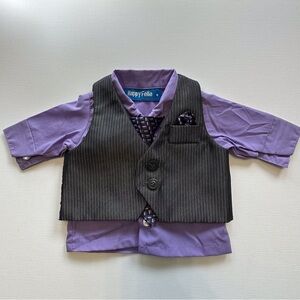 Happy Fella purple dress shirt removable grey vest clip on tie baby boy‎ 0-3 mo